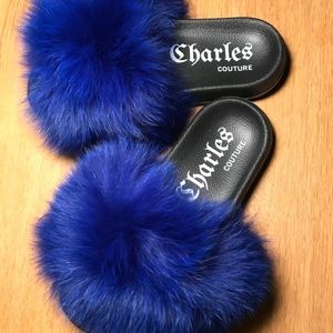 Royal Blue Fur Slides